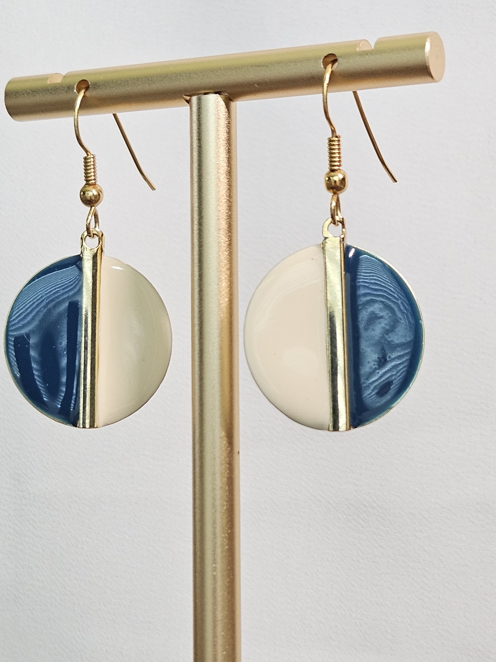 Two-Tone Blue and Cream Enamel Disc Drop Earrings - Unbranded